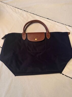 Longchamp dark purple/navy Nylon Tote with Brown Leather Trim